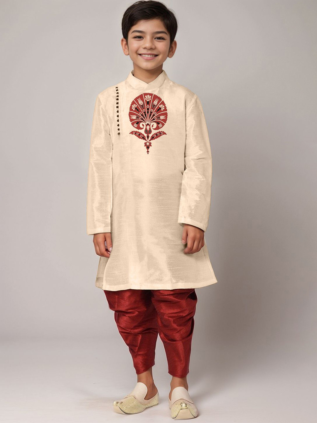 DEVOILER Boys Ethnic Motifs Printed Mandarin Collar Straight Kurta With Dhoti Pants