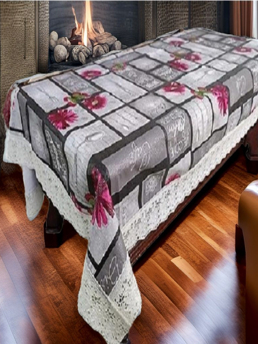 REVEXO White and Pink Floral Printed  4-Seater Table Cover