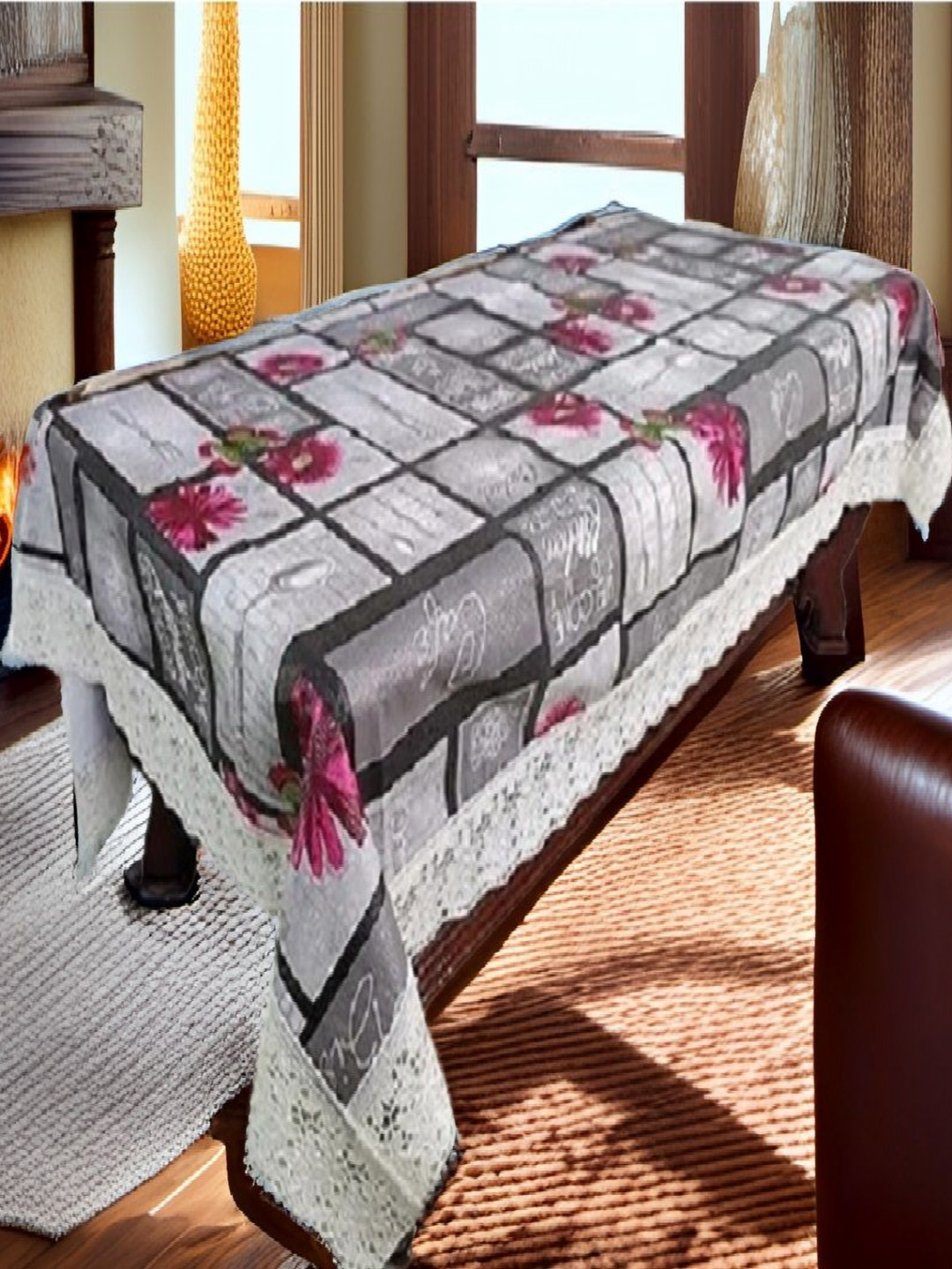 REVEXO Grey & Pink 4-Seater Floral Printed 4-Seate Table Cover