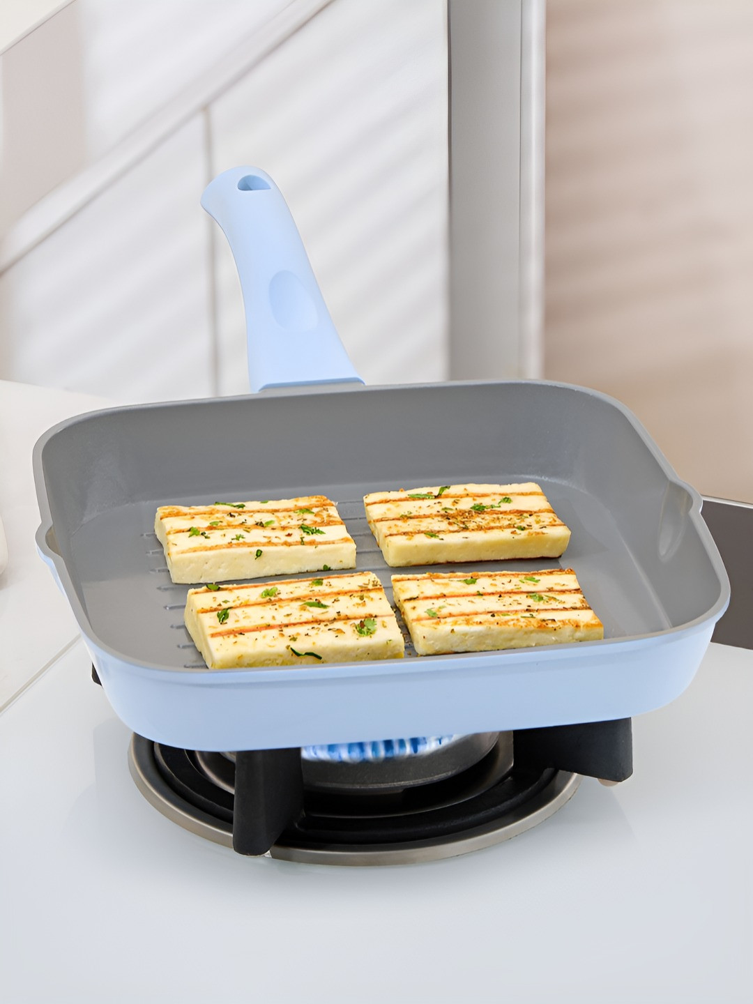 BOROSIL Vajra Sky Blue & Grey Dishwasher Safe Ceramic Square Shaped Grill Pan-1.5 L