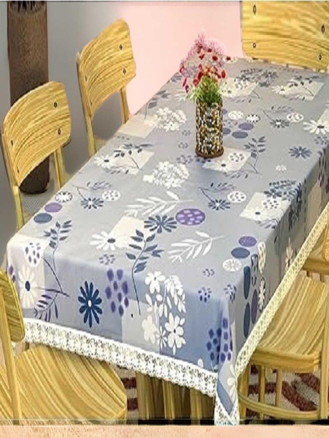 REVEXO Blue and White Floral Printed 4-Seater Table Cover