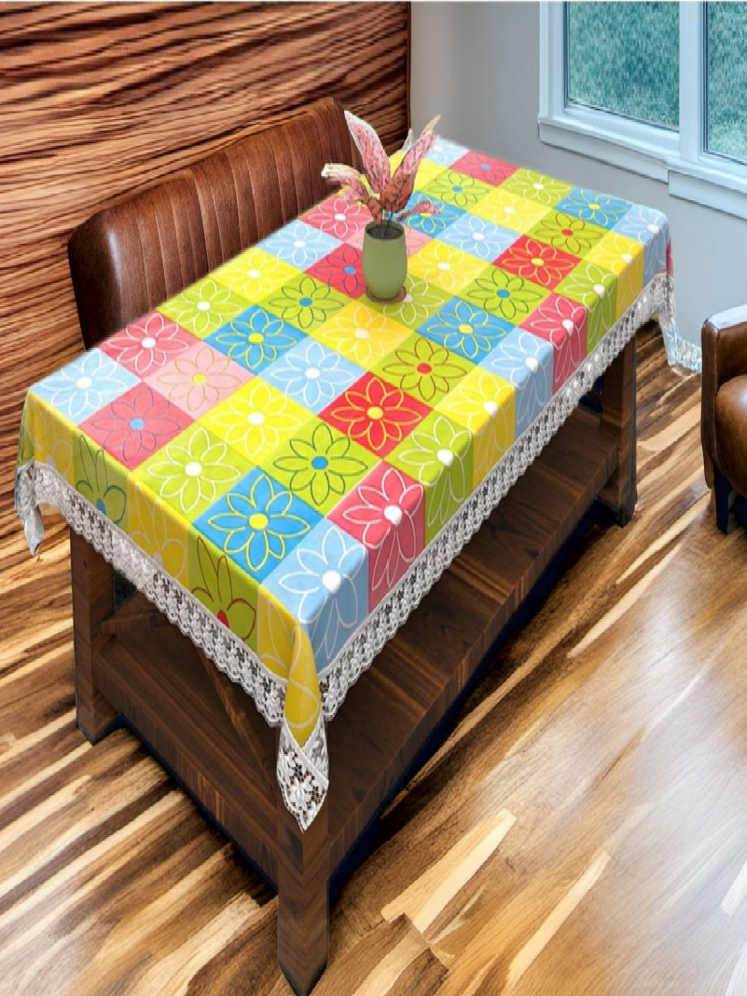 REVEXO Yellow & Blue Floral Printed 4-Seate Table Cover