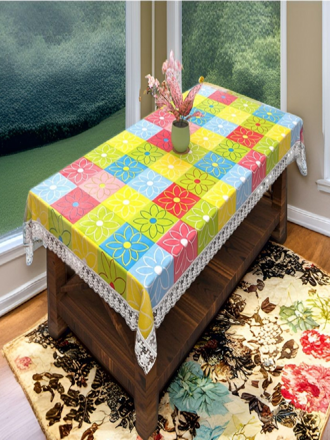 REVEXO Yellow and Green Floral Printed 4-Seater Table Cover