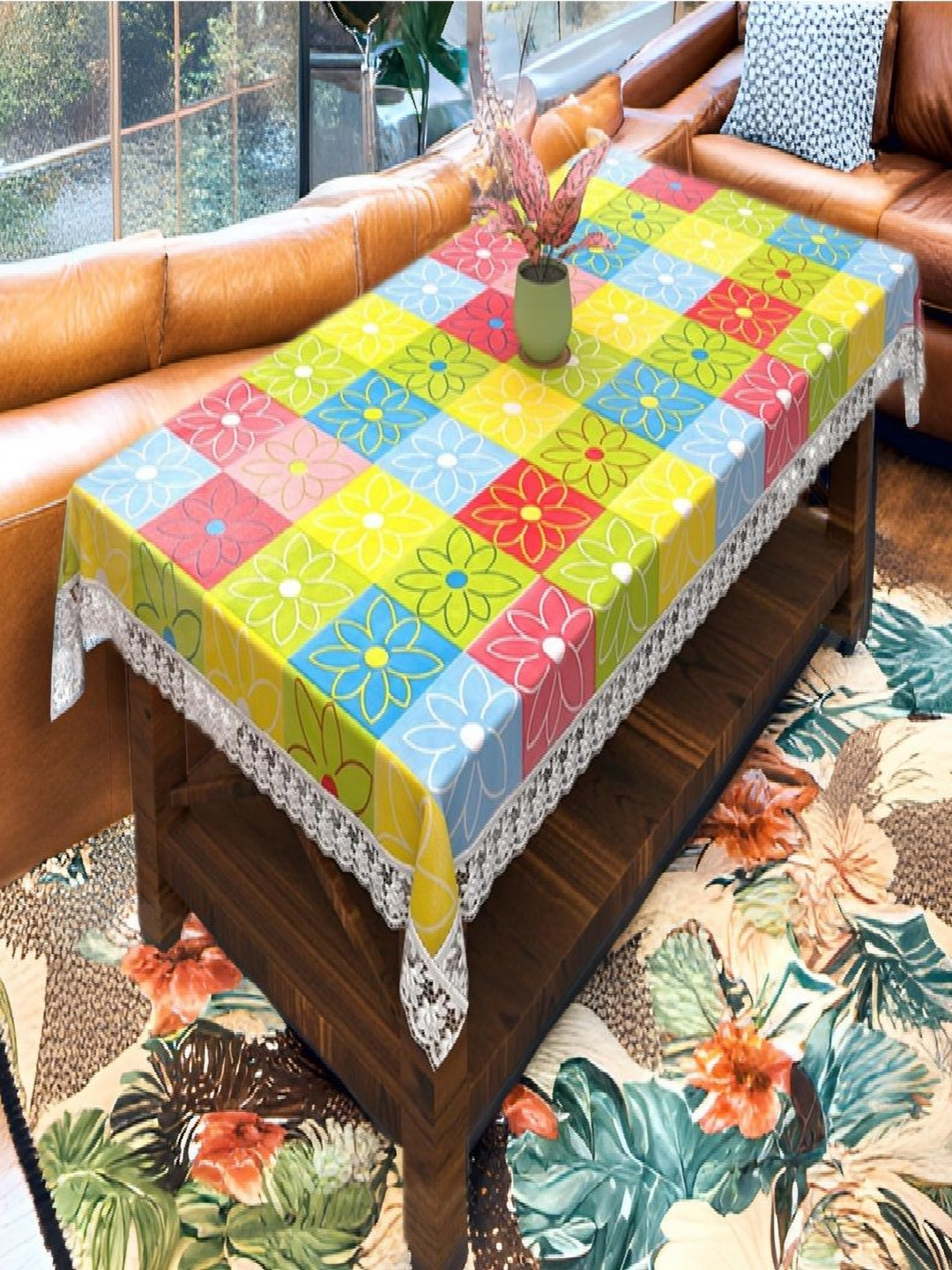 REVEXO Yellow and Green Floral Printed 4-Seater Table Cover