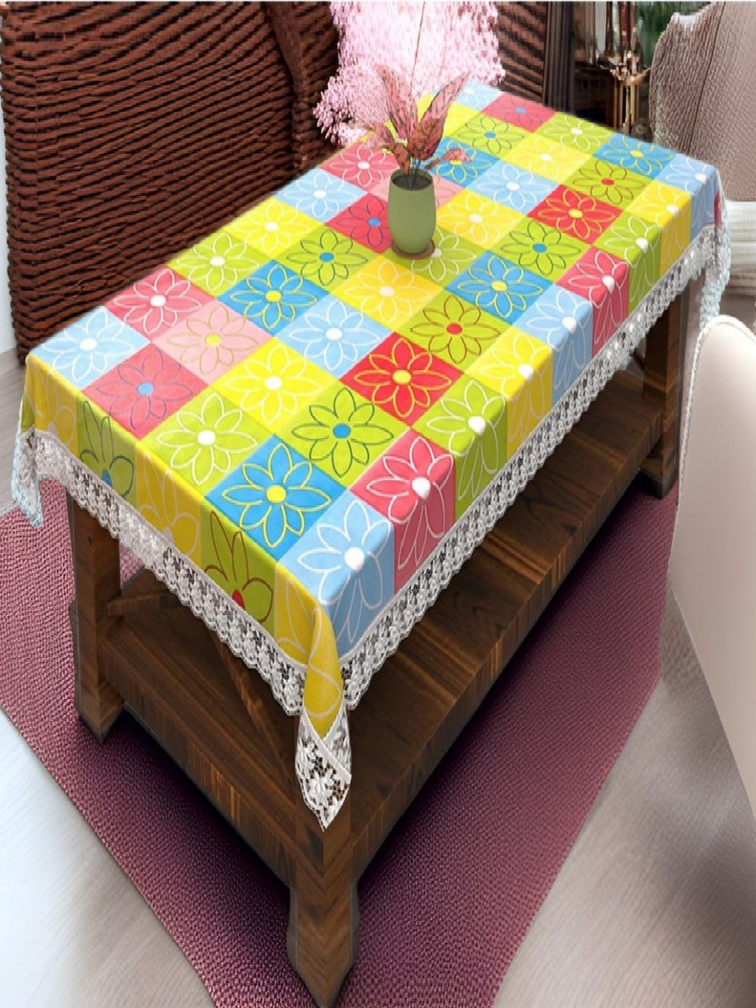 REVEXO Yellow and Red Floral Printed 4-Seater Table Cover