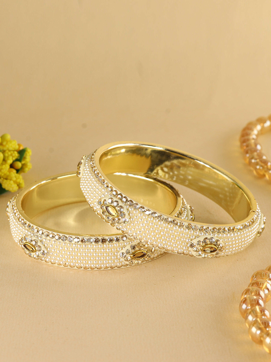 ZULKA Pack of 2 White Moti Sparkling Zircon Diamond Metal Bangles