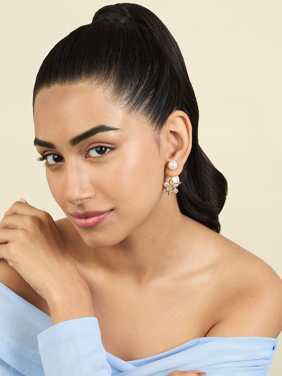 Isharya 18KT Gold Plated CZ-Studded & Beadd Contemporary Punk Tennis Drop Earrings