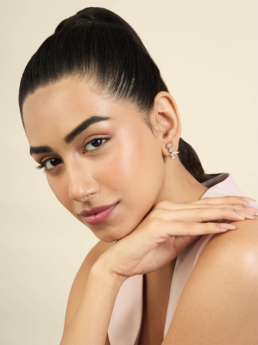 Isharya 18KT Gold Plated CZ-Stone Studded Contemporary Punk Tennis Ear Climbers Studs