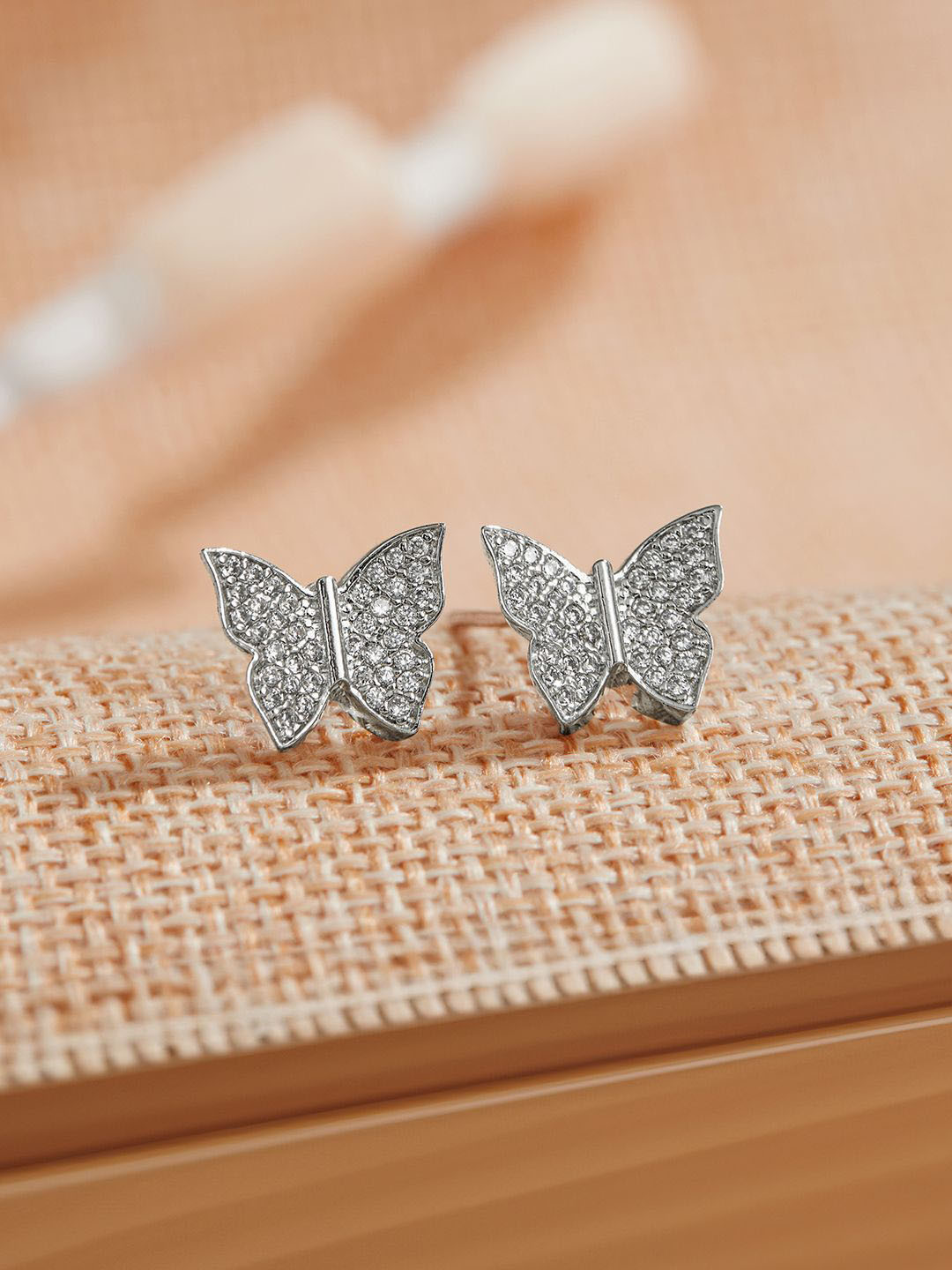SARAF SILVERETZ 925 Sterling Silver Rhodium-Plated CZ Studded Butterfly Shaped Studs