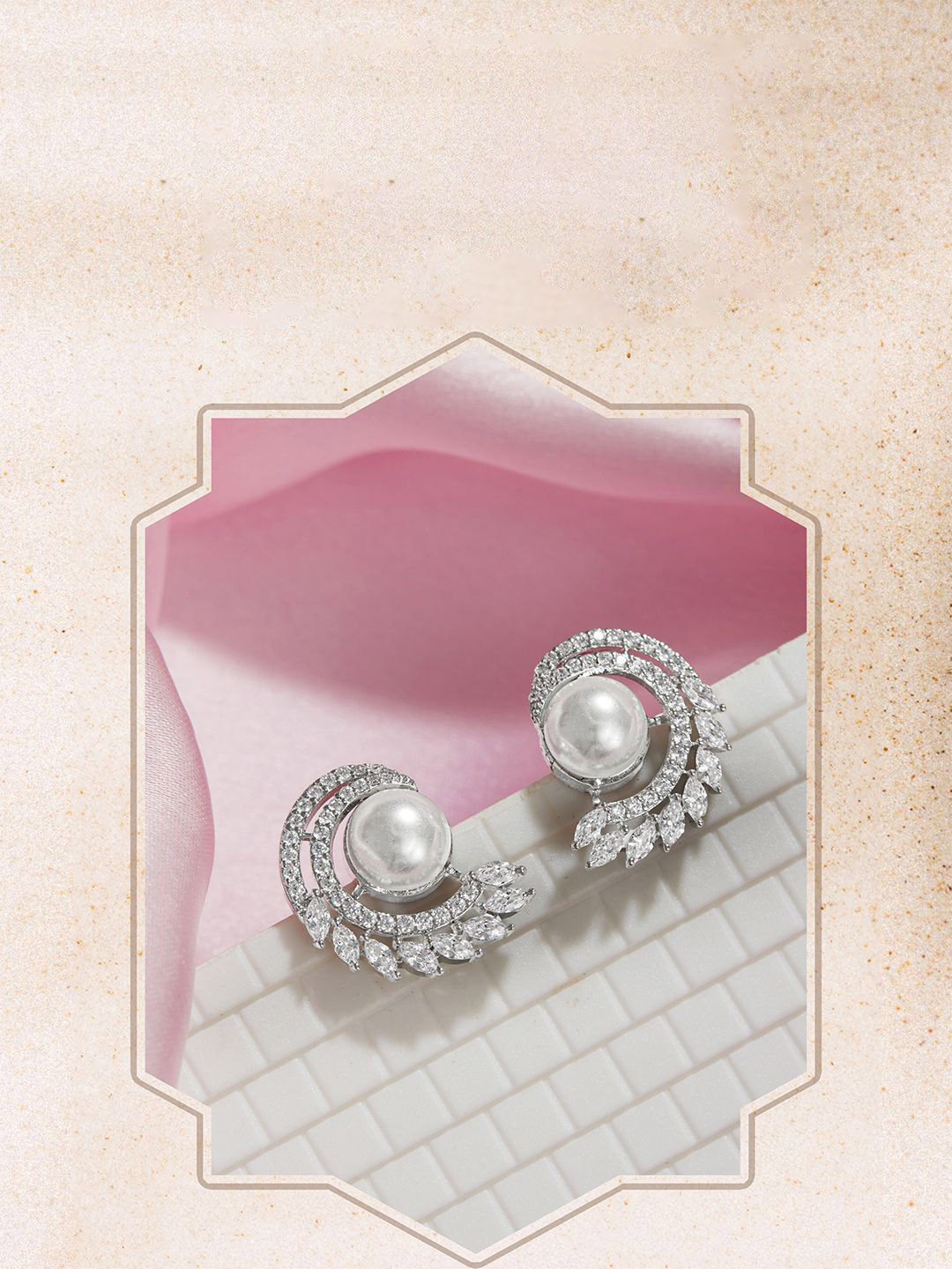 SARAF SILVERETZ 925 Sterling Silver Rhodium Plated CZ & Pearls Studded Contemporary Studs