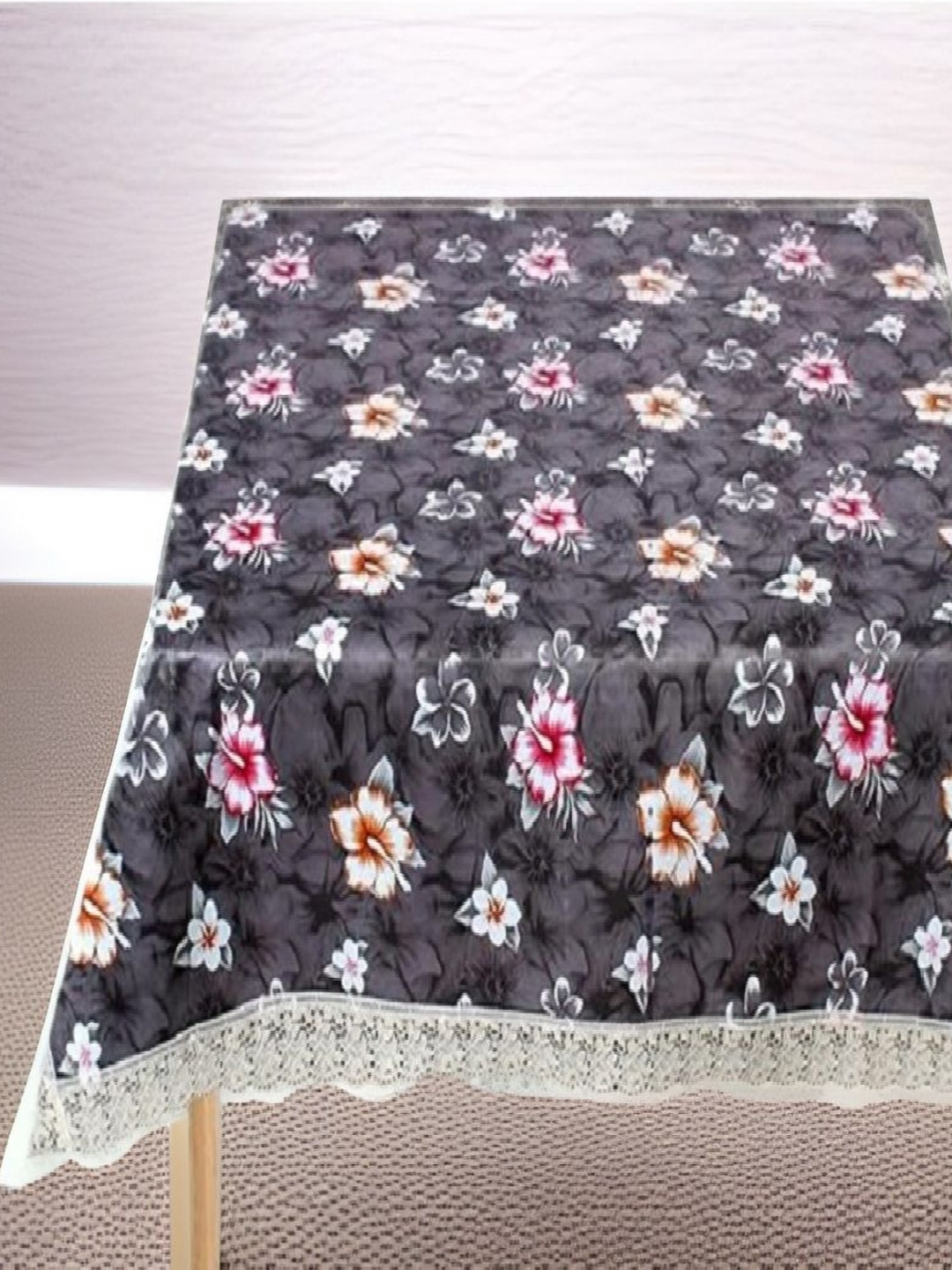 REVEXO Grey and White Floral Printed 4-Seater Table Cover
