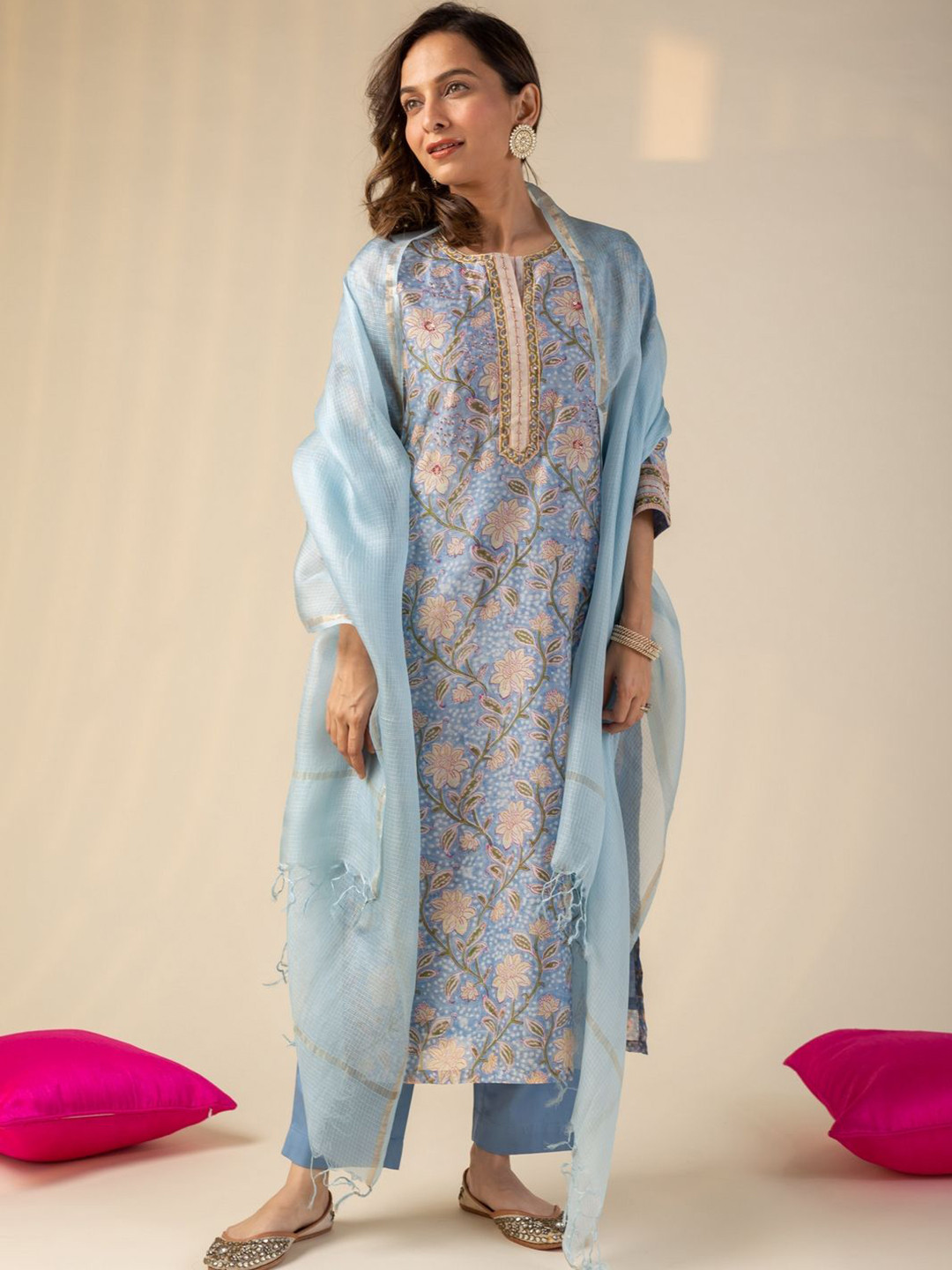 KUSVAA Jiyashree Floral Printed Sequinned Chanderi Silk Straight Kurta With Trousers