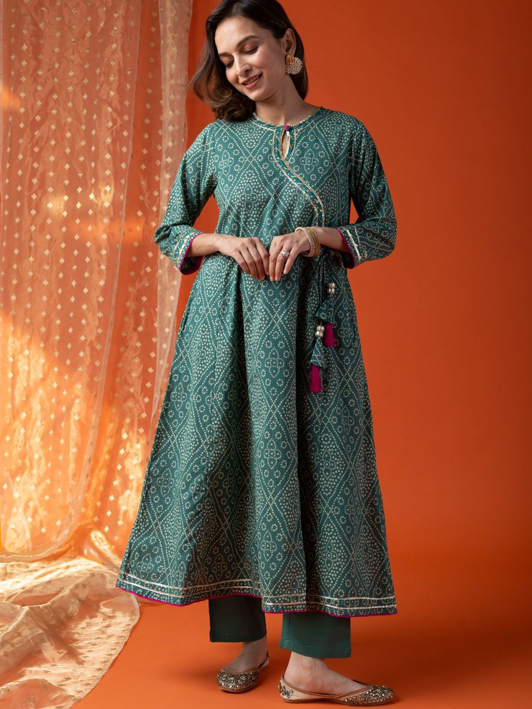KUSVAA Tithira  Bandhani Printed Angrakha Pure Cotton A-Line Kurta With Trousers