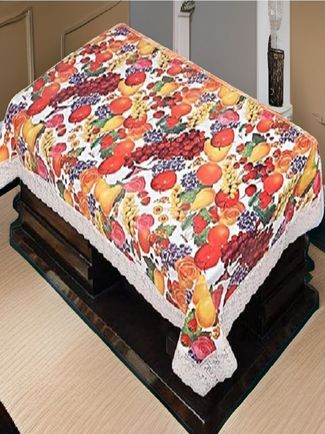 REVEXO White and Red Printed 4-Seater Table Cover