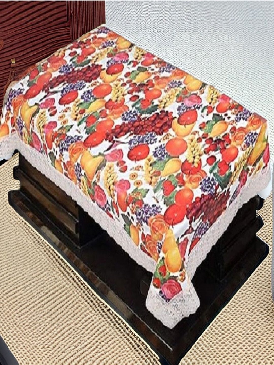 REVEXO White & Yellow Fruit Printed Rectangle 4-Seater Table Covers