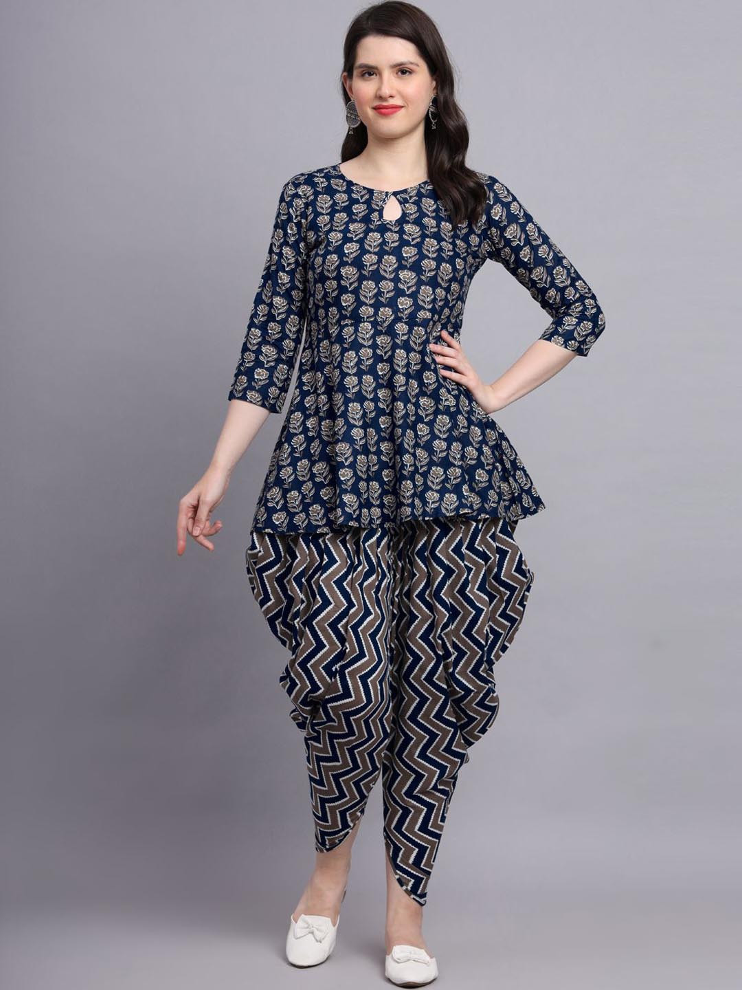 SUBAGI FASHION Floral Printed Keyhole Neck Pure Cotton Anarkali Kurti With Dhoti Pants