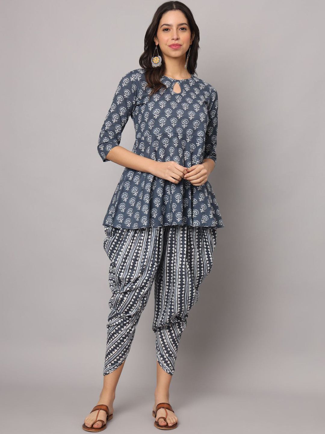 SUBAGI FASHION Floral Printed Keyhole Neck Pure Cotton Anarkali Kurti With Dhoti Pants