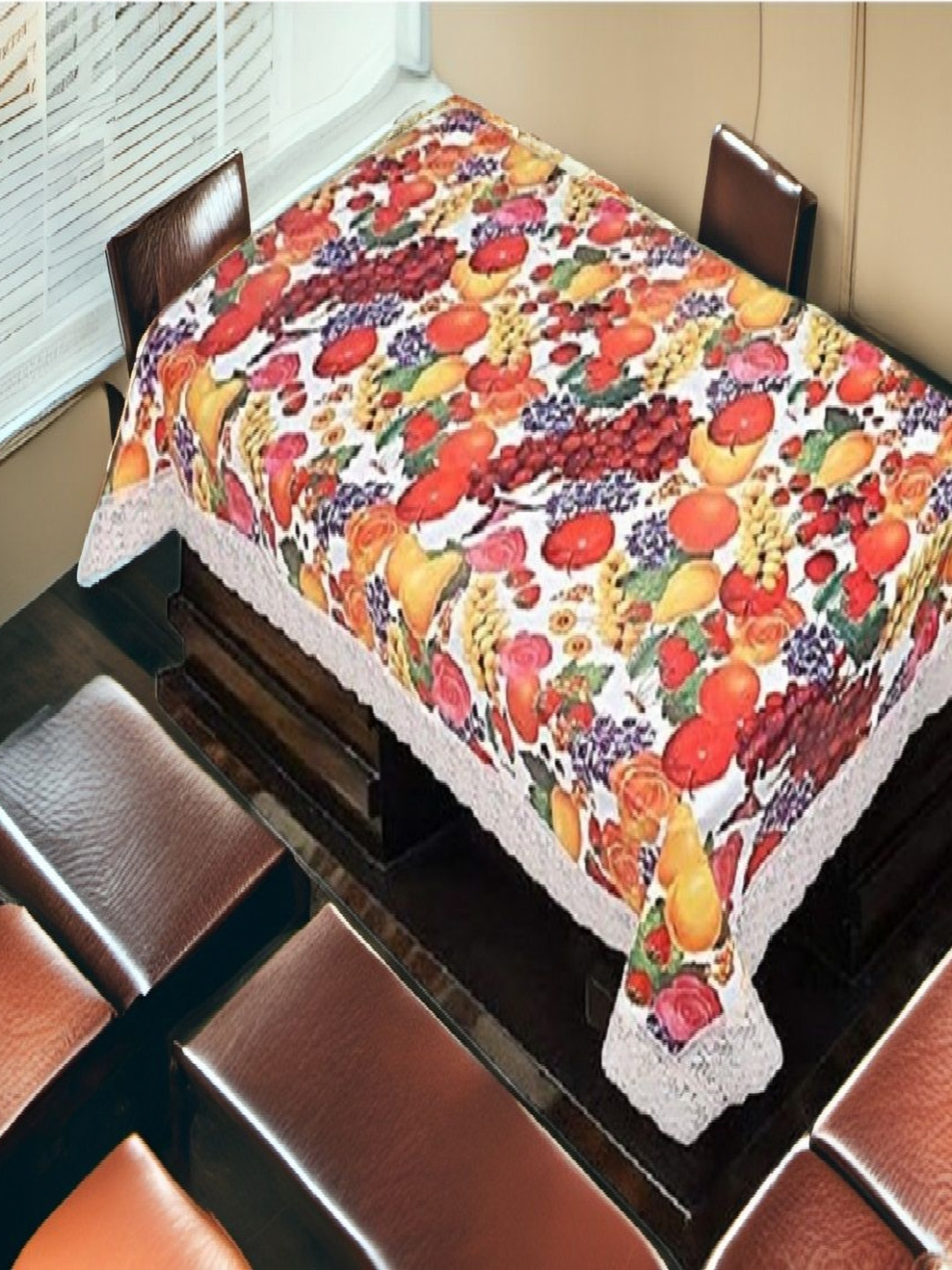 REVEXO White and Red Printed 4-Seater Table Cover