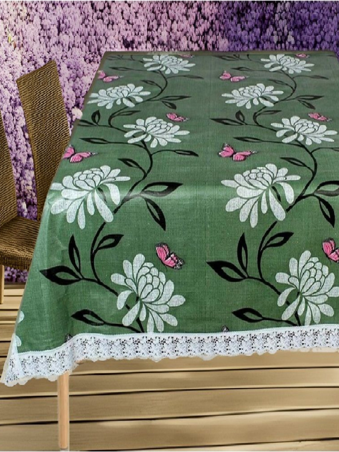 REVEXO Green and White Floral Printed 4-Seater Table Cover