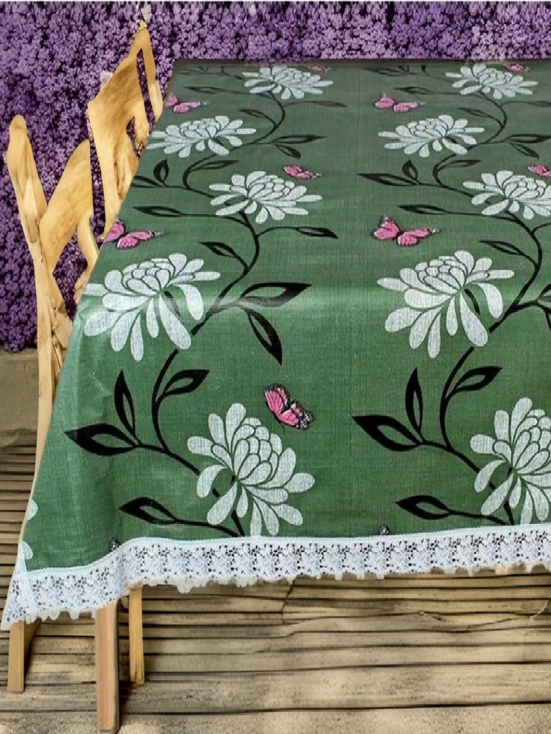 REVEXO Green and White Floral Printed 4-Seater Table Cover