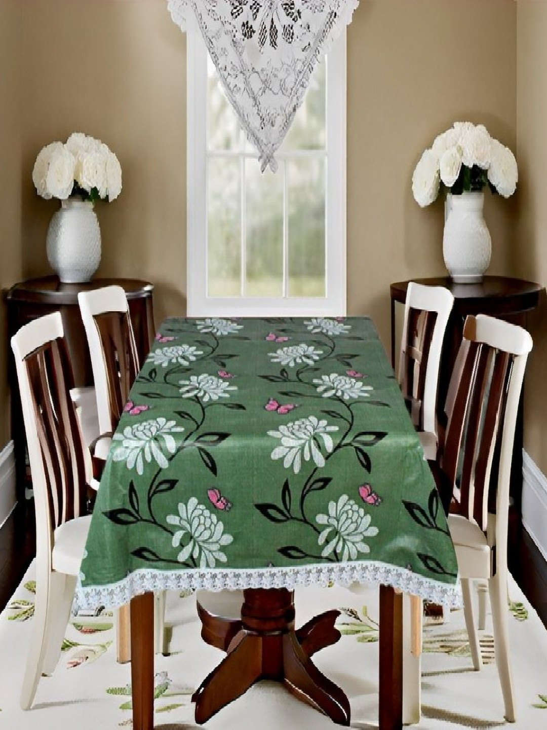 REVEXO Green and White Floral Printed 4-Seater Table Cover