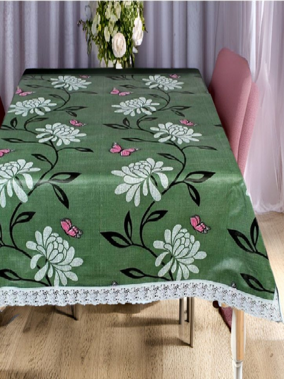 REVEXO Green & White Floral Printed 4-Seate Table Cover