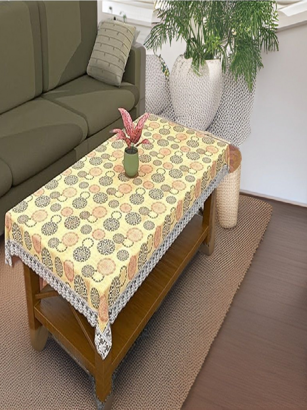REVEXO Cream-Coloured and Brown Floral Printed 4-Seater Table Cover