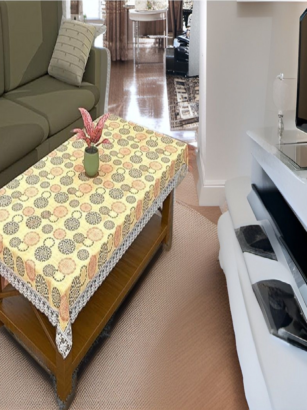 REVEXO Yellow and Brown Floral Printed 4-Seater Table Cover