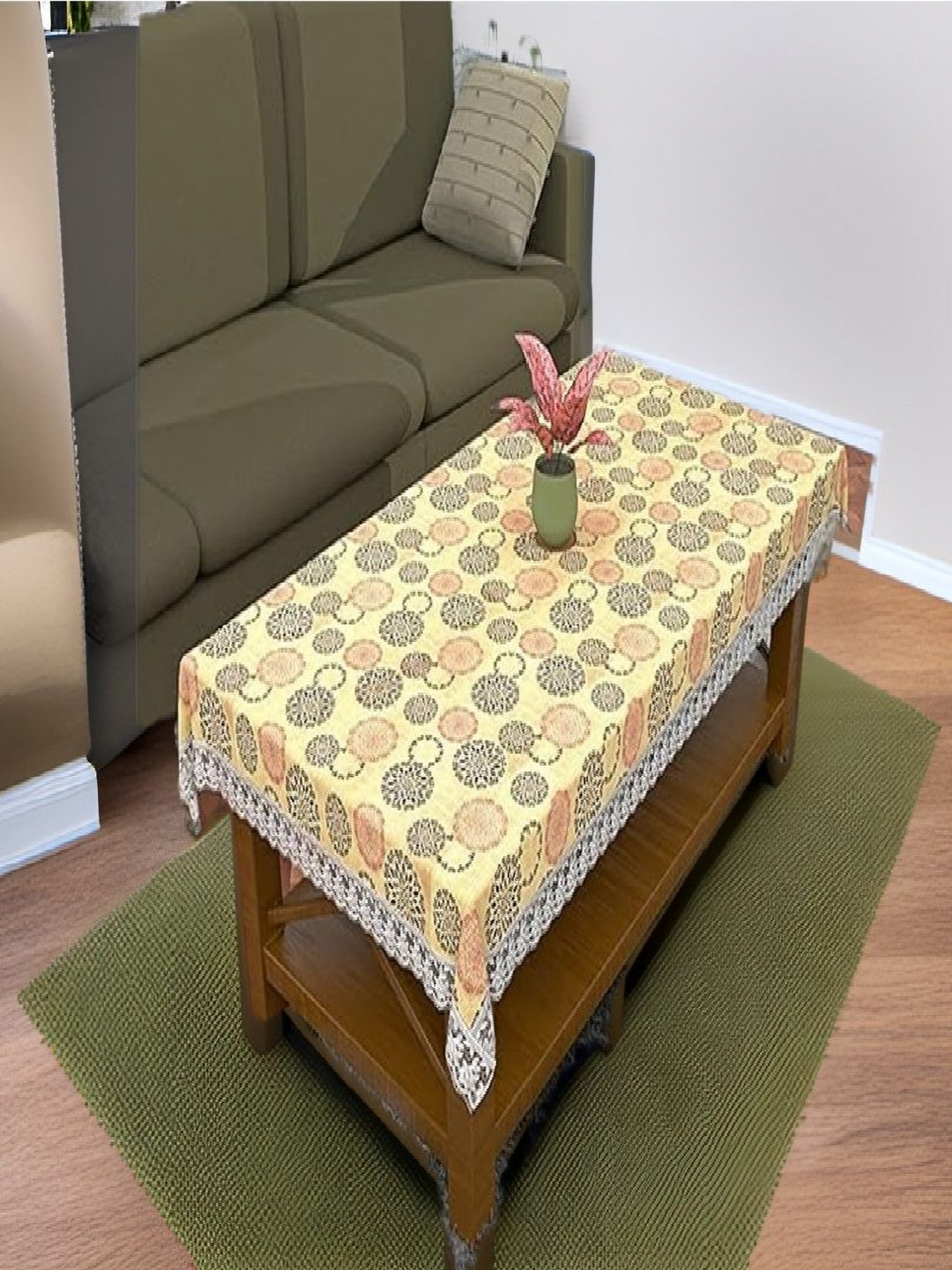 REVEXO Yellow and Brown Floral Printed 4-Seater Table Cover