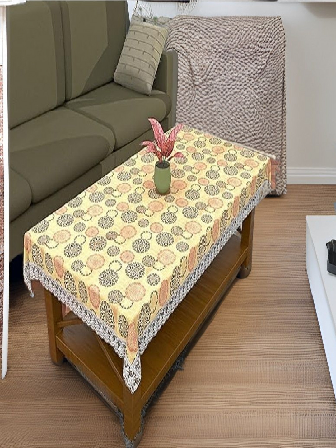 REVEXO Beige and Brown Floral Printed 4-Seater Table Cover