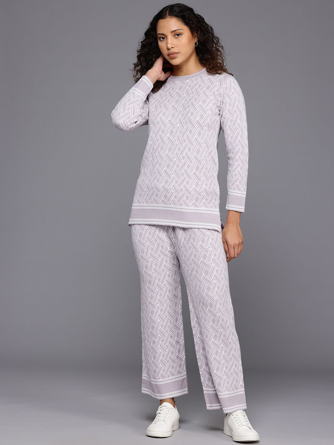 Chemistry Pure Wool Geometric Printed Round Neck Top And Palazzo