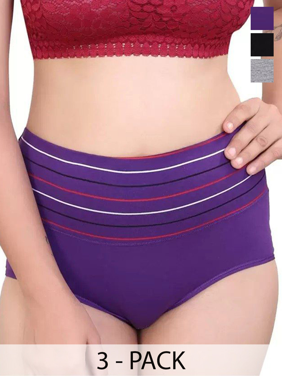 SHREE GANESH FASHION Women Pack Of 3 High-Rise Hipster Briefs 2076 BK-GR-PR 003 M