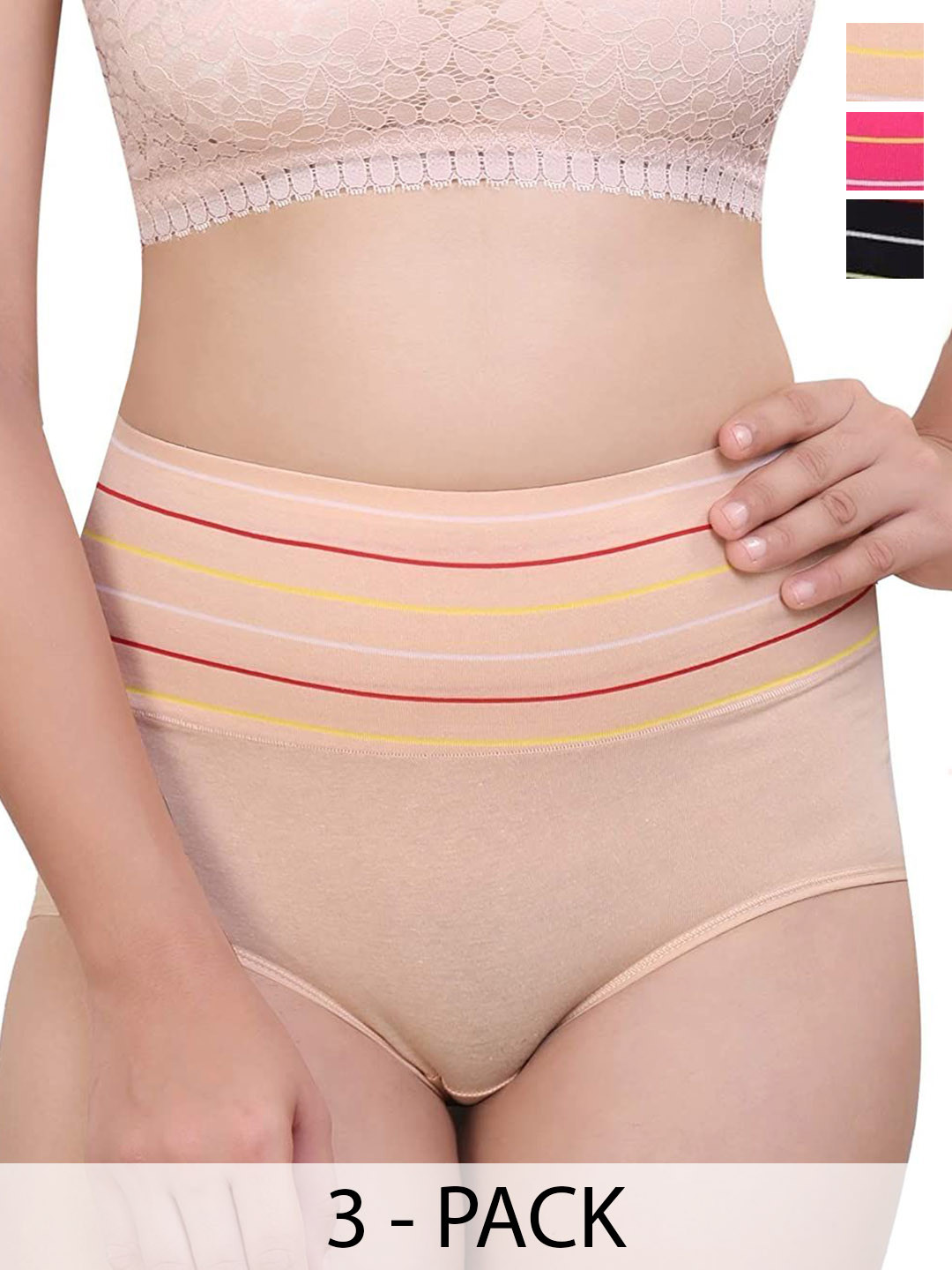SHREE GANESH FASHION Women Pack Of 3 High-Rise Hipster Briefs 2076 BK-CR-PK 003 M