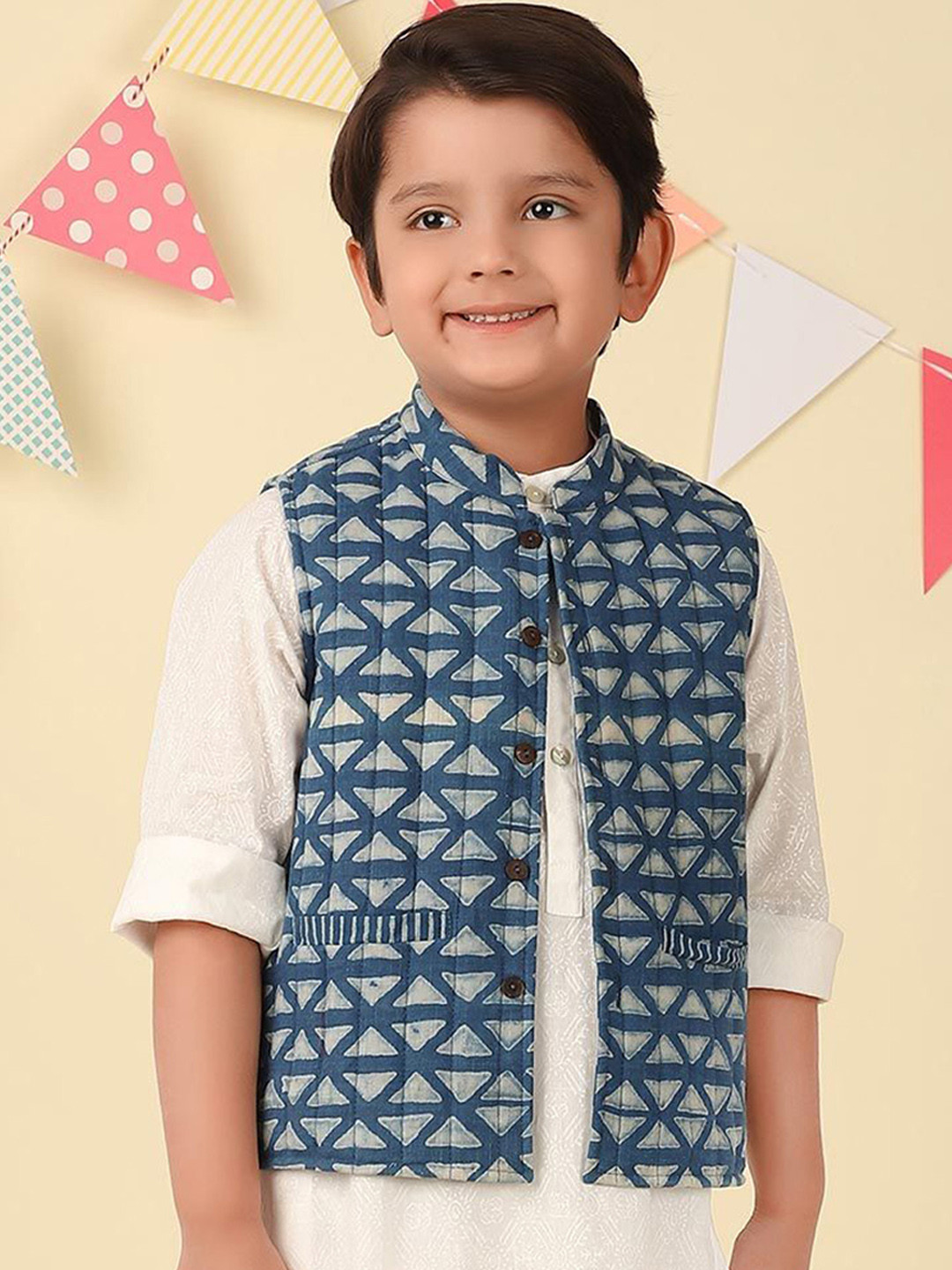 Fabindia Boys Pure Cotton Indigo Dabu Printed Jacket