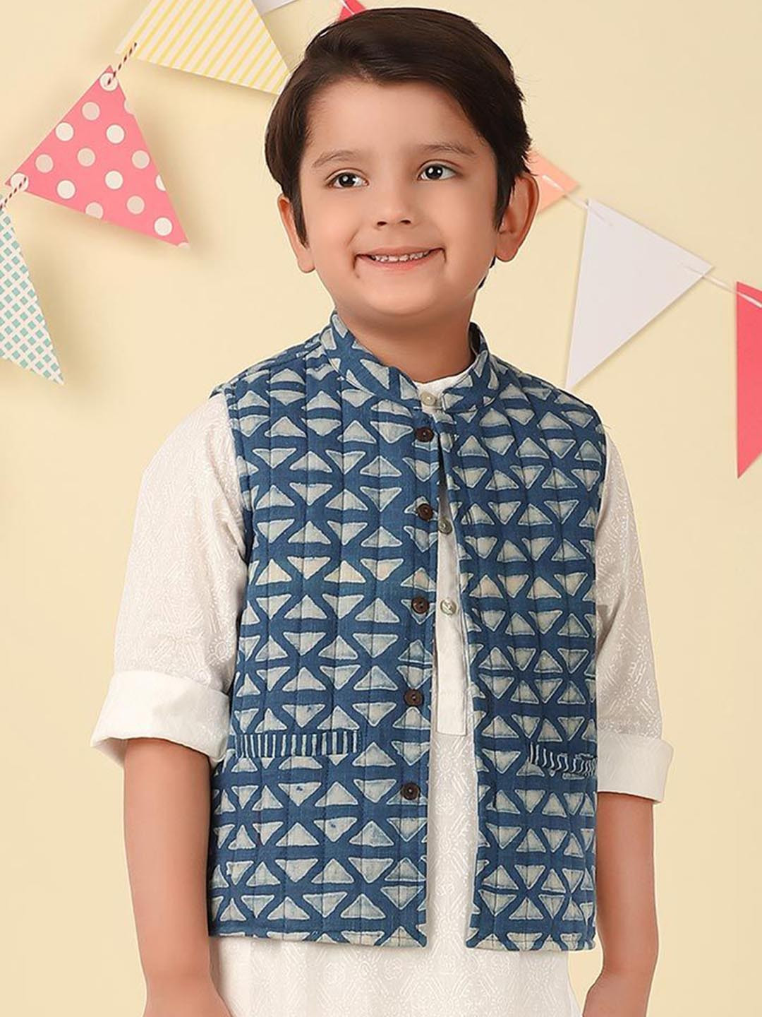 Fabindia Indigo Boys Printed Cotton Nehru Jacket