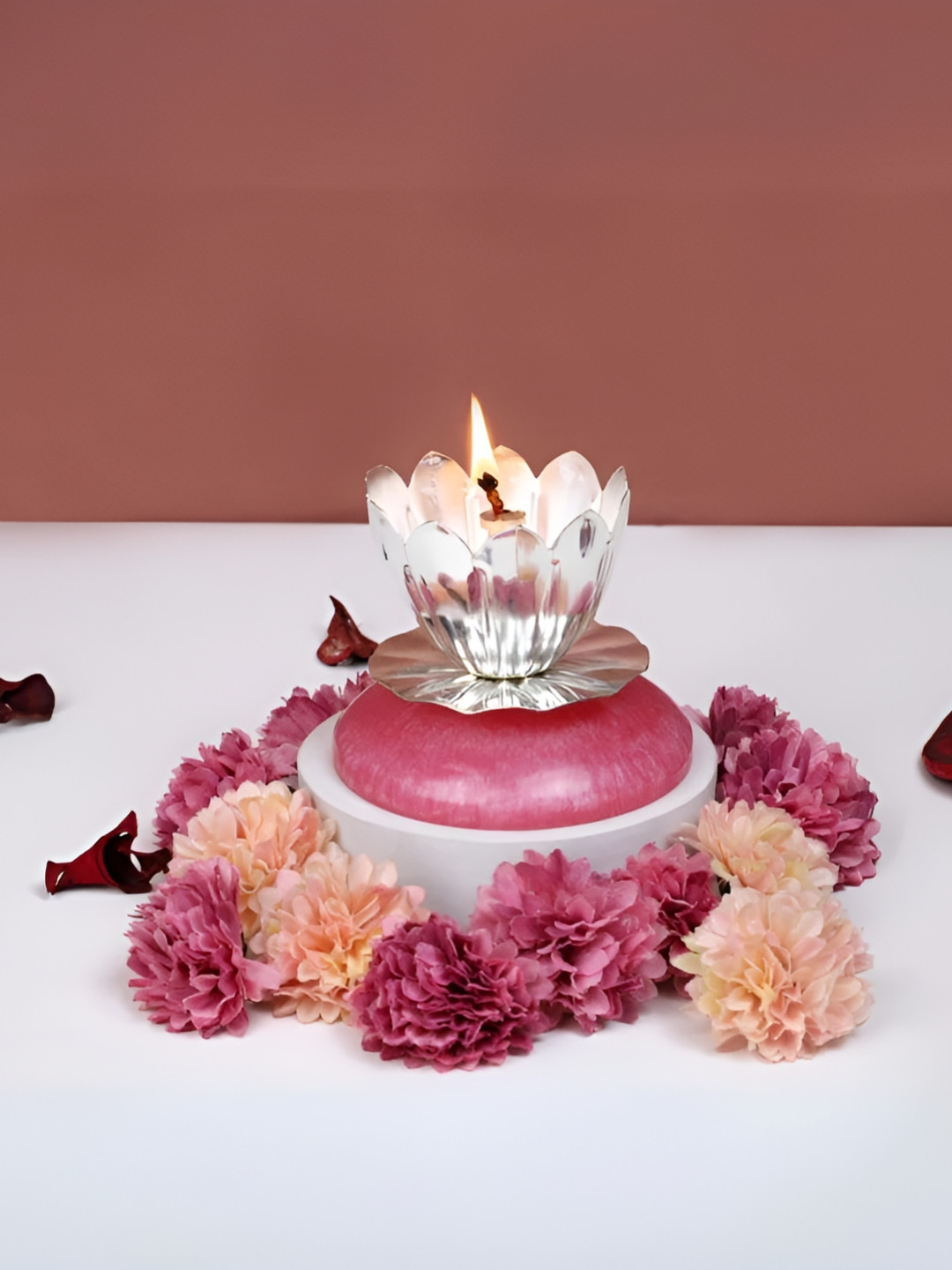 THE HOME CO. Silver-Toned and Pink Small Diya With Base