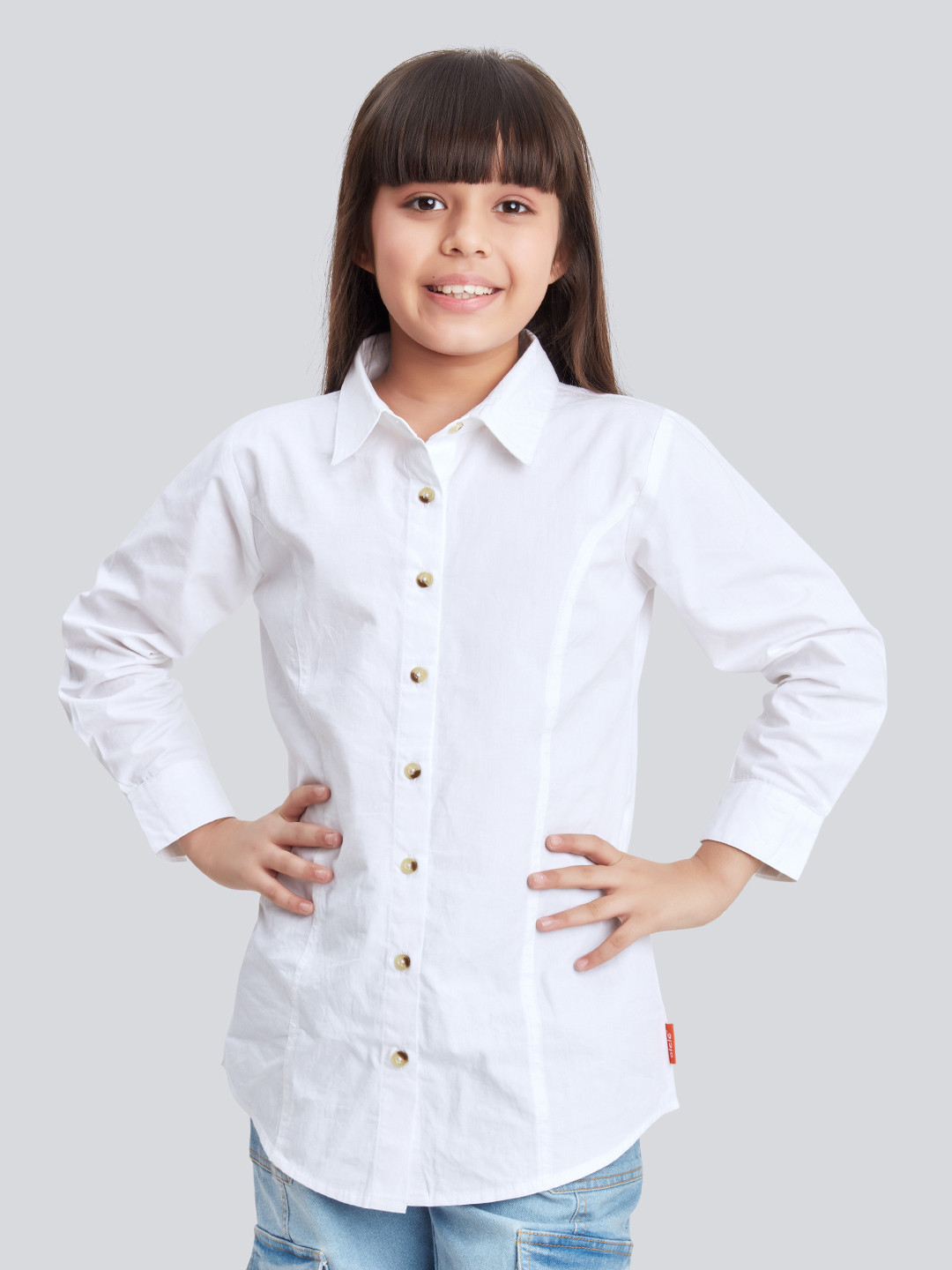 Olele Girls Bright White Pure Cotton Button Down Shirt