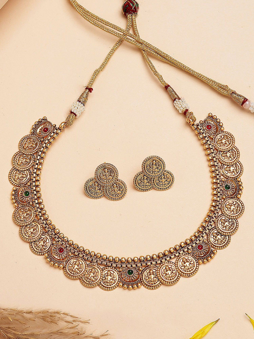 KARATCART Gold-Plated Kundan-Studded Laxmi Mata Engraved Coin Design Necklace and Earrings