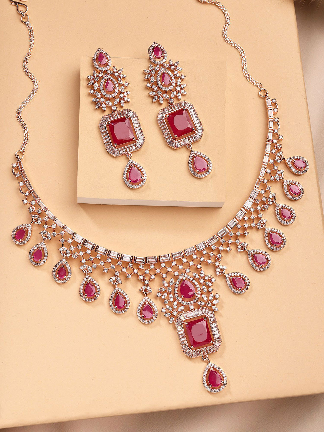 KARATCART Rose Gold-Plated Cubic Zirconia Stone Studded Jewellery Set
