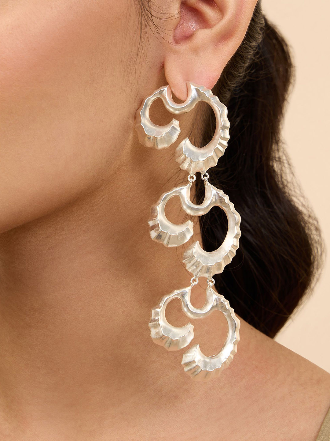 MNSH Coral Wave Silver-Plated Artificial Stones Studded Contemporary Drop Earrings