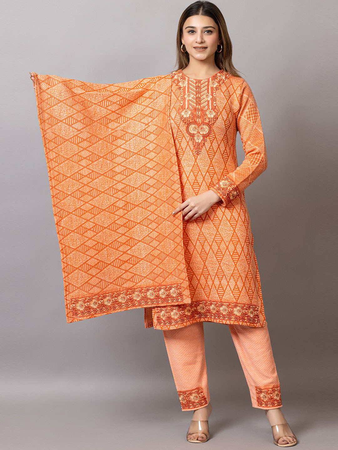Wool's Kart Geometric Printed Thread Work Straight Kurta With Trouser & Dupatta