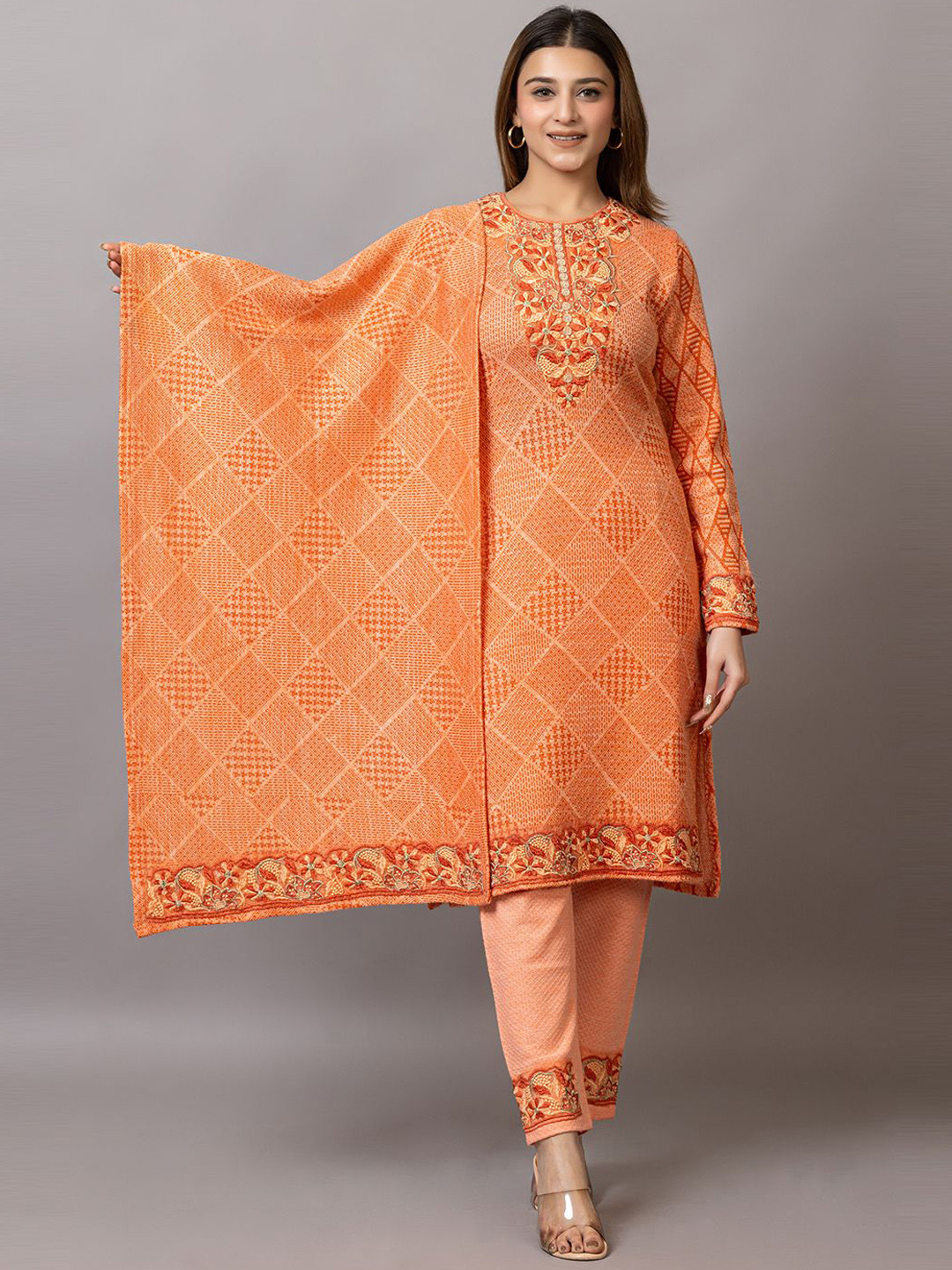Wool's Kart Geometric Printed Thread Work Straight Kurta With Trouser & Dupatta