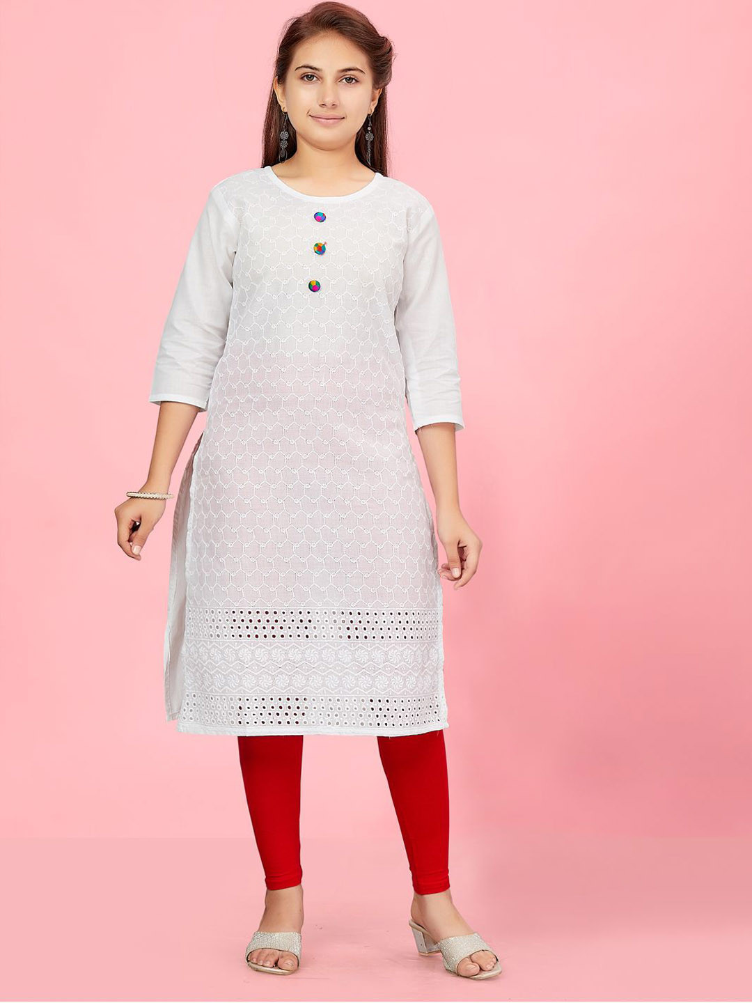 Sangria Girls White Ethnoic Motifs Embroidered Pure Cotton Straight Kurta With Leggings