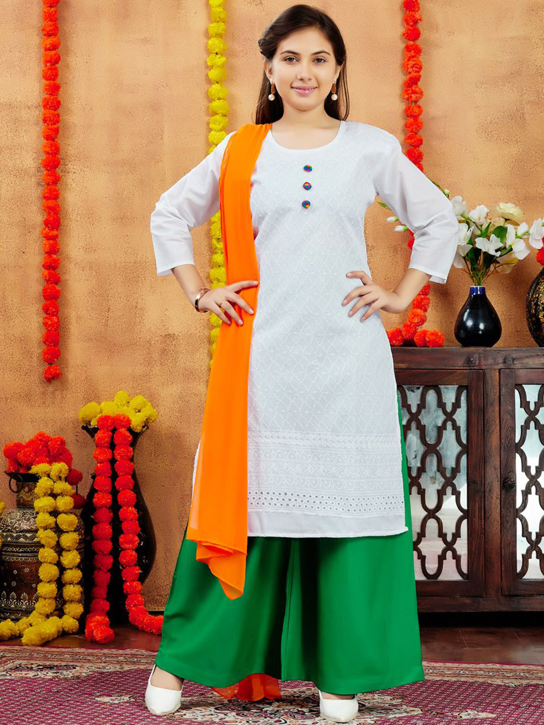 Sangria Girls White Thread Work Schiffli Pure Cotton Kurta With Palazzo & Dupatta