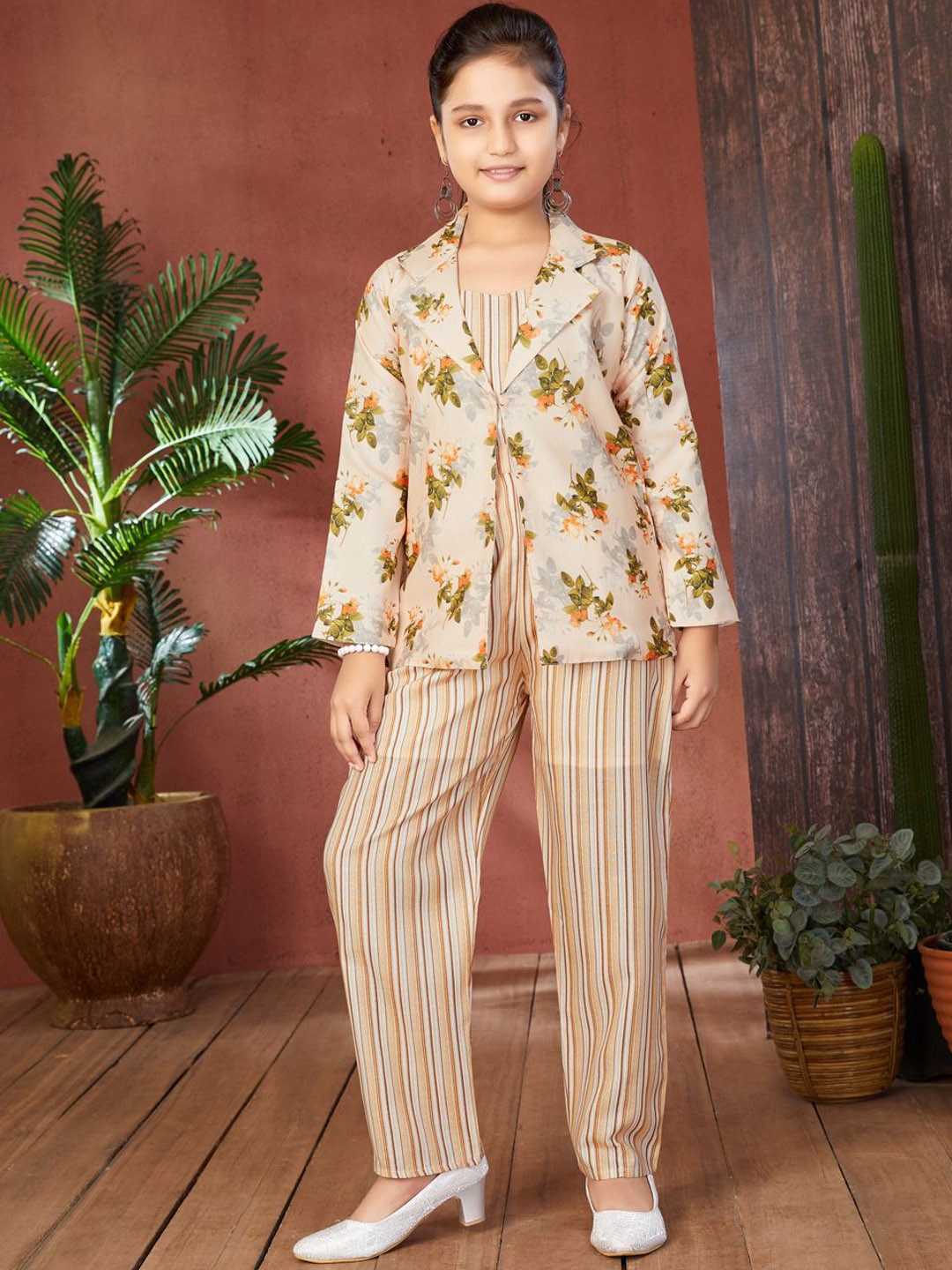 Sangria Girls Peach Floral Printed Pure Cotton Blazer Trouser & Crop Top Clothing Set