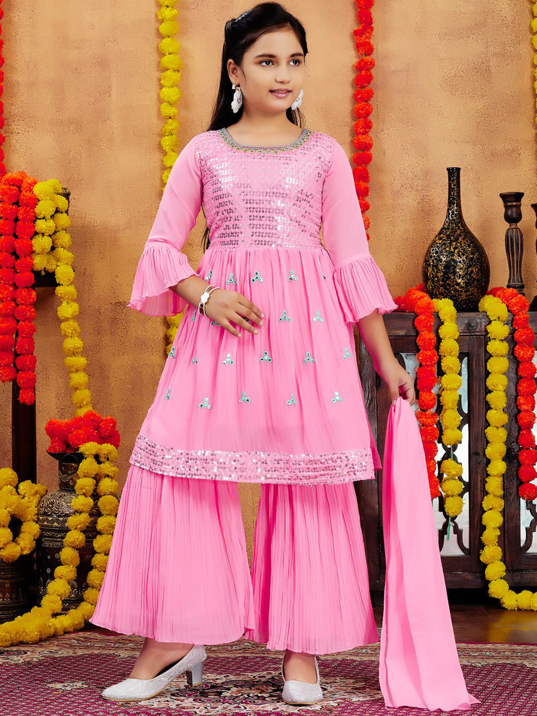 Sangria Girls Pink Sequinnce Embellished A-Line Kurta & Sharara With Dupatta