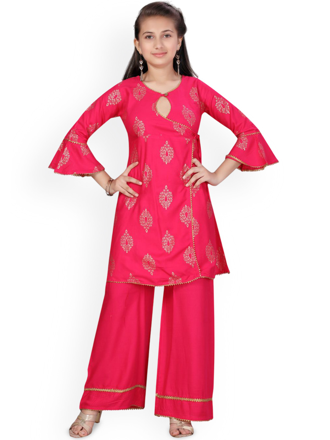 Sangria Girls Red Ethnic Motifs Printed Key Hole Neck Pure Cotton Kurta & Palazzos