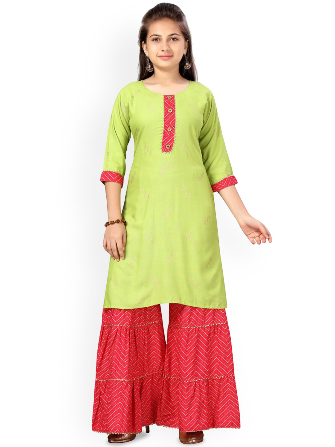 Sangria Girls Green Geometric Printed Pure Cotton Straight Kurta And Sharara