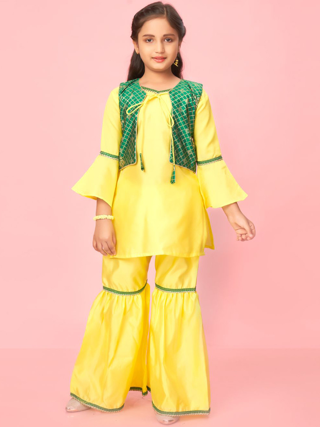 Sangria Girls Yellow Pure Silk Straight Kurti With Sharara And Jacket