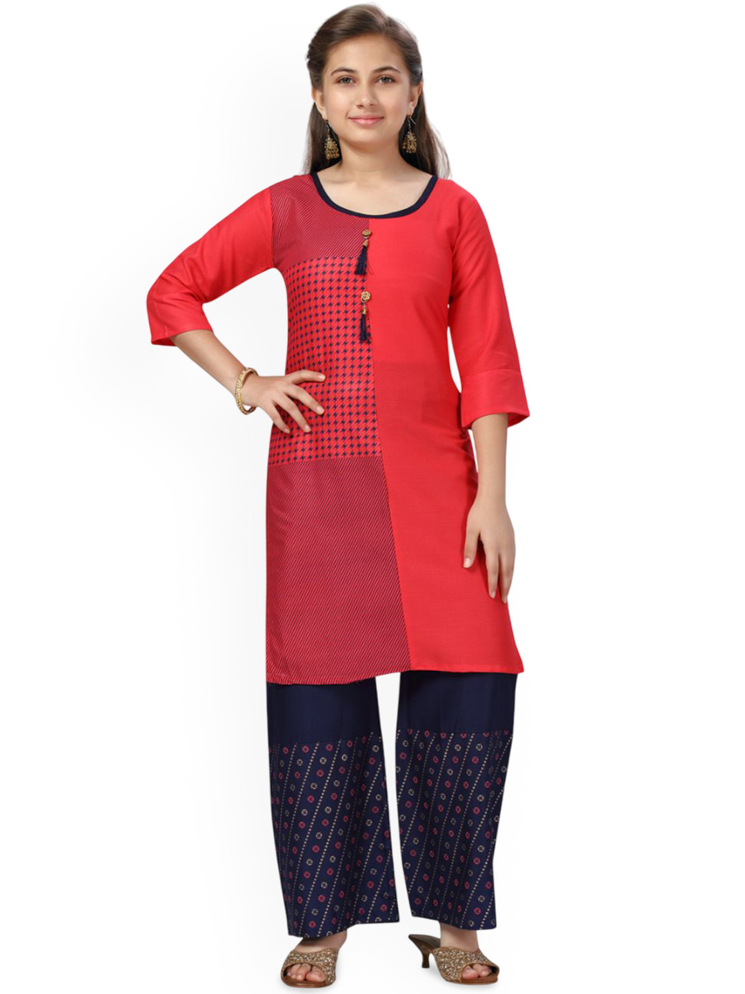 Sangria Girls Red & Navy-Blue Geometric Printed Pure Cotton Kurta & Palazzos